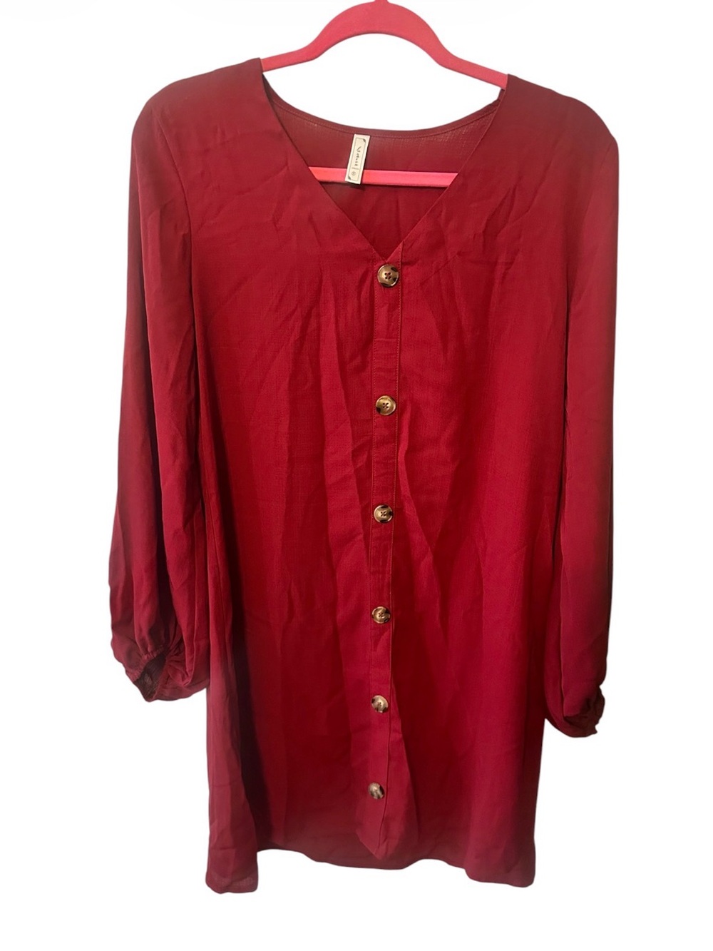 Women’s Button-Front Burgandy/Maroon V-Neck Dress. Size small.